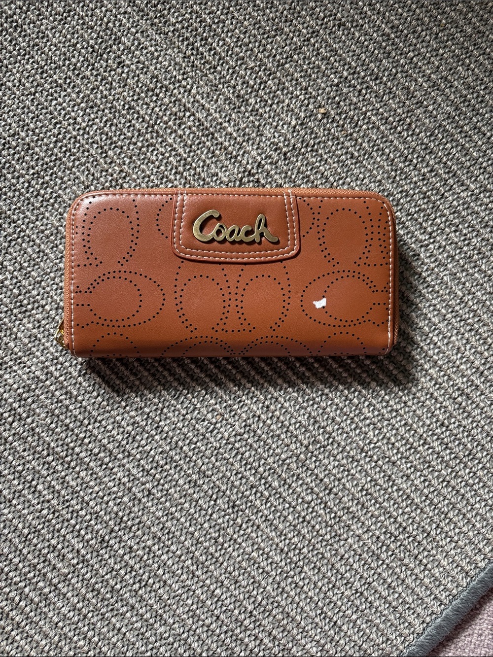 Tan Perforated Signature Zip Wallet with Gold Logo